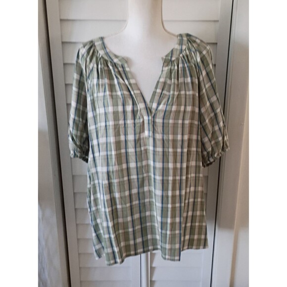 Loft Green Plaid Rayon V-Neck Short Sleeve Blouse XL NEW - Picture 1 of 8